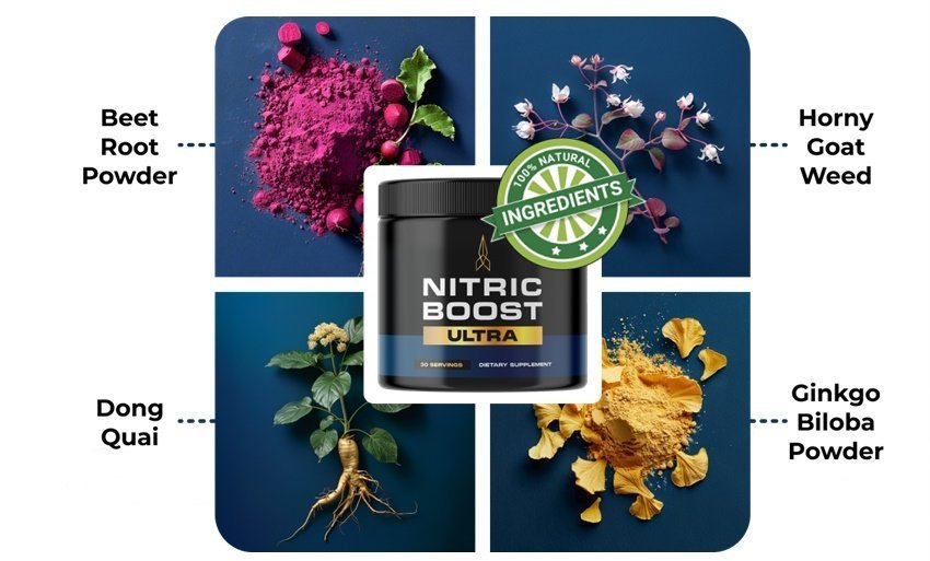 Beet root, horny goat weed, dong quai, and ginkgo around a Nitric Boost tub